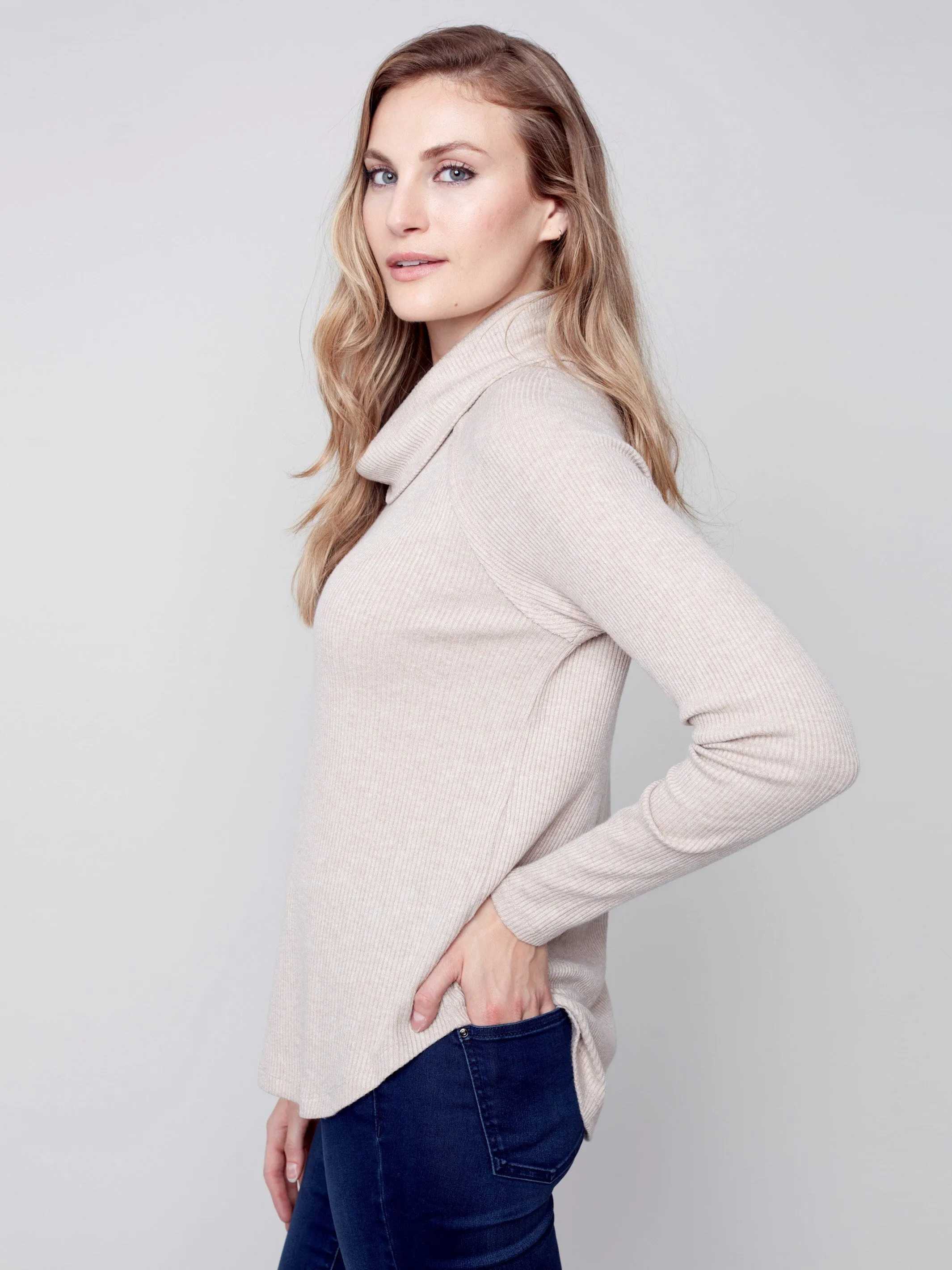 Ribbed Cowl Neck Top - Truffle