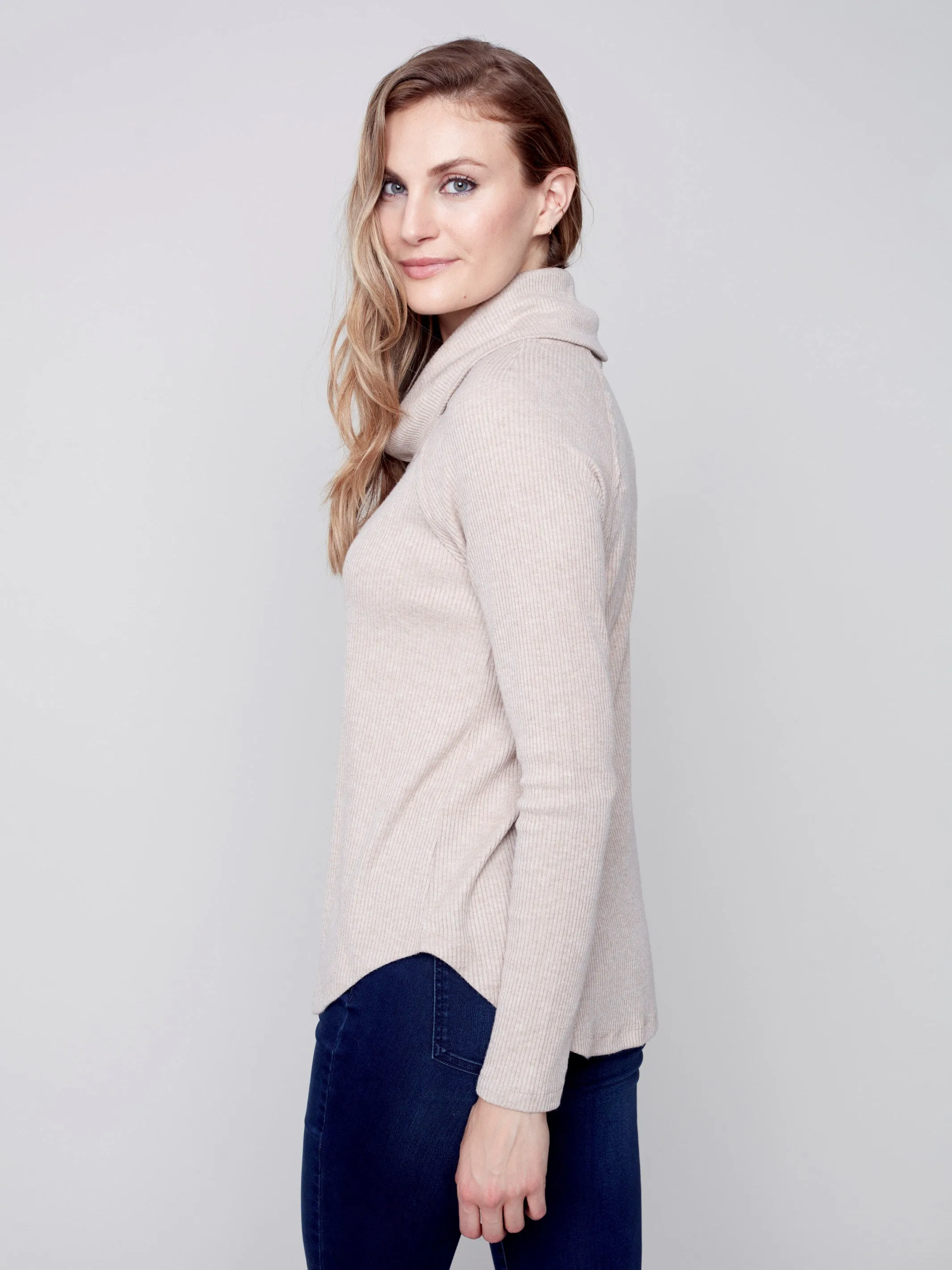 Ribbed Cowl Neck Top - Truffle