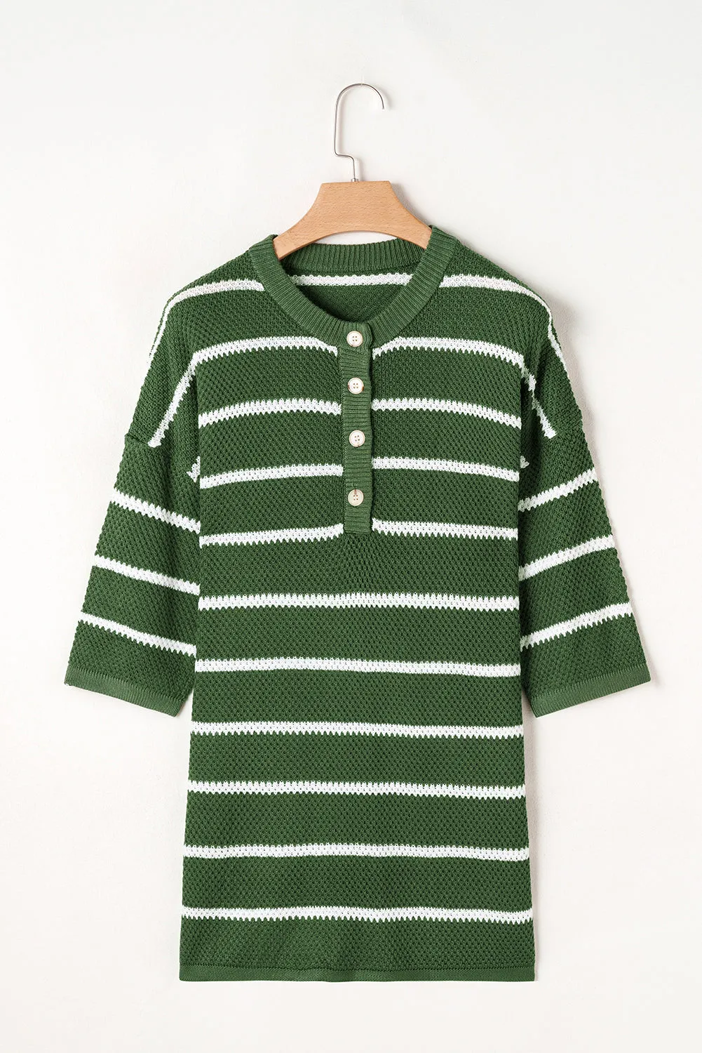 Stripe Henley Buttoned Placket Drop Shoulder Bracelet Sleeve Knit Sweater Tee