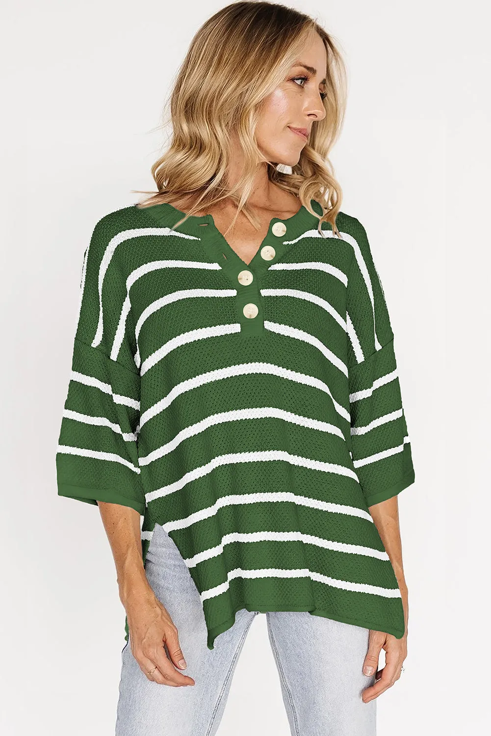 Stripe Henley Buttoned Placket Drop Shoulder Bracelet Sleeve Knit Sweater Tee