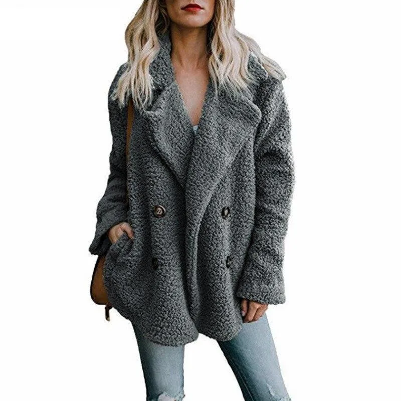 Women's Fashionable Fleece Winter Jacket with Button Closure