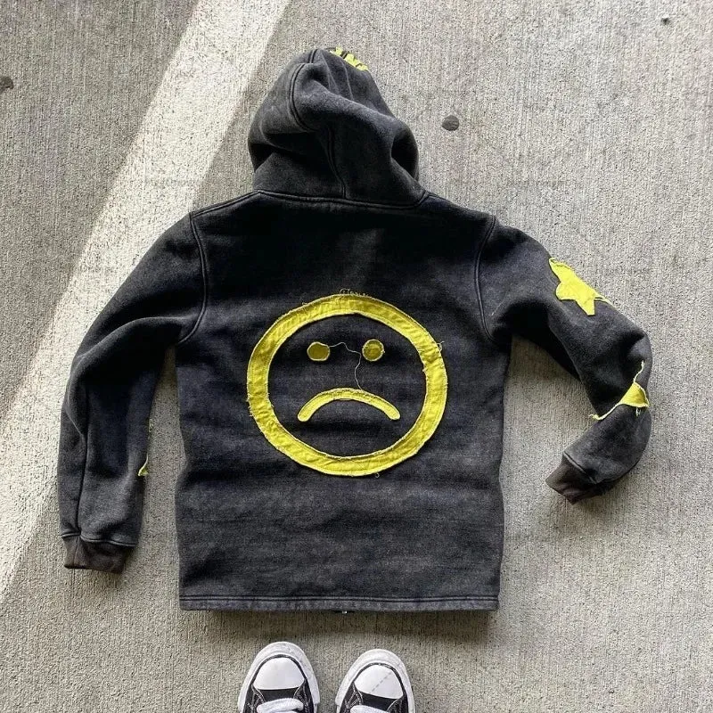 Y2K Retro Street Hoodie Women, Embroidered Crying Face & Star Letters, Oversized Zip Up Hoodies, Harajuku Gothic Hip Hop Rock Grunge, Aesthetic Vintage Casual Streetwear Sweatshirt