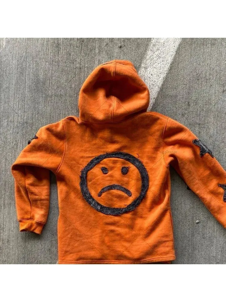 Y2K Retro Street Hoodie Women, Embroidered Crying Face & Star Letters, Oversized Zip Up Hoodies, Harajuku Gothic Hip Hop Rock Grunge, Aesthetic Vintage Casual Streetwear Sweatshirt