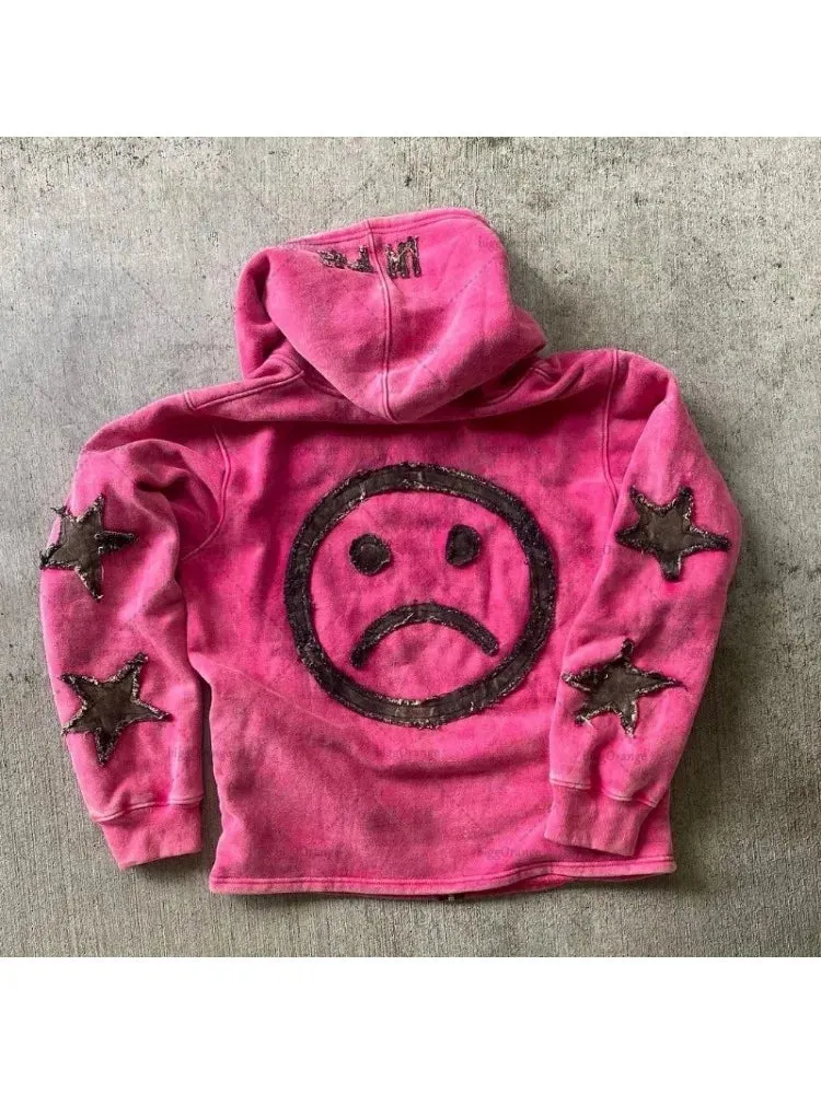 Y2K Retro Street Hoodie Women, Embroidered Crying Face & Star Letters, Oversized Zip Up Hoodies, Harajuku Gothic Hip Hop Rock Grunge, Aesthetic Vintage Casual Streetwear Sweatshirt