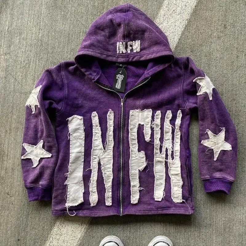 Y2K Retro Street Hoodie Women, Embroidered Crying Face & Star Letters, Oversized Zip Up Hoodies, Harajuku Gothic Hip Hop Rock Grunge, Aesthetic Vintage Casual Streetwear Sweatshirt
