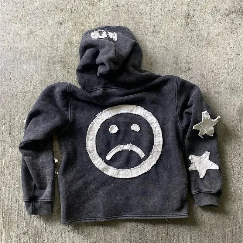 Y2K Retro Street Hoodie Women, Embroidered Crying Face & Star Letters, Oversized Zip Up Hoodies, Harajuku Gothic Hip Hop Rock Grunge, Aesthetic Vintage Casual Streetwear Sweatshirt