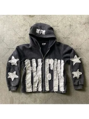 Y2K Retro Street Hoodie Women, Embroidered Crying Face & Star Letters, Oversized Zip Up Hoodies, Harajuku Gothic Hip Hop Rock Grunge, Aesthetic Vintage Casual Streetwear Sweatshirt