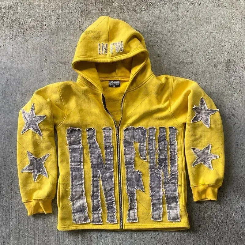 Y2K Retro Street Hoodie Women, Embroidered Crying Face & Star Letters, Oversized Zip Up Hoodies, Harajuku Gothic Hip Hop Rock Grunge, Aesthetic Vintage Casual Streetwear Sweatshirt