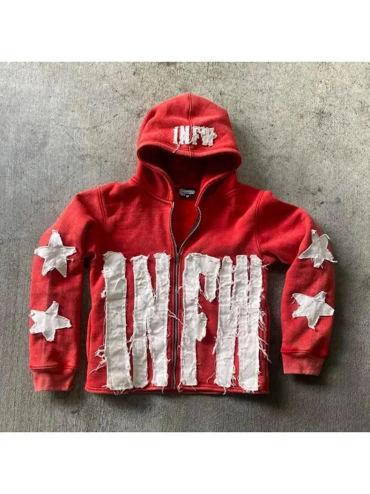 Y2K Retro Street Hoodie Women, Embroidered Crying Face & Star Letters, Oversized Zip Up Hoodies, Harajuku Gothic Hip Hop Rock Grunge, Aesthetic Vintage Casual Streetwear Sweatshirt