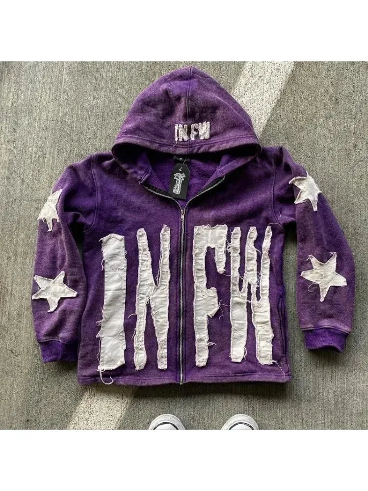 Y2K Retro Street Hoodie Women, Embroidered Crying Face & Star Letters, Oversized Zip Up Hoodies, Harajuku Gothic Hip Hop Rock Grunge, Aesthetic Vintage Casual Streetwear Sweatshirt