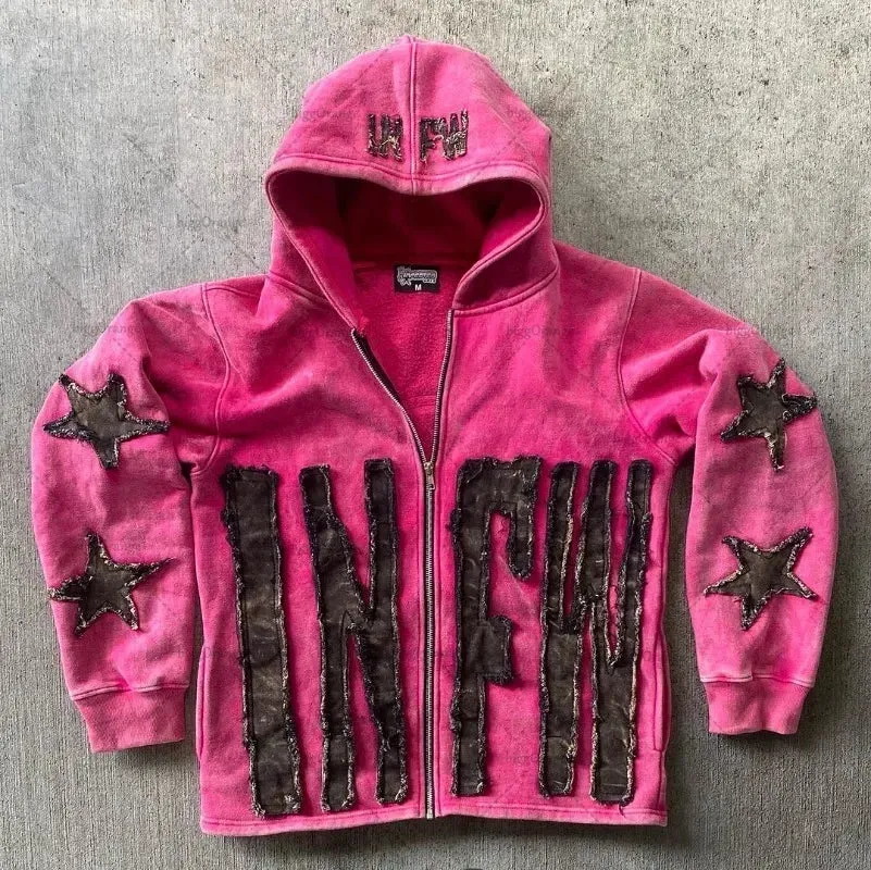 Y2K Retro Street Hoodie Women, Embroidered Crying Face & Star Letters, Oversized Zip Up Hoodies, Harajuku Gothic Hip Hop Rock Grunge, Aesthetic Vintage Casual Streetwear Sweatshirt