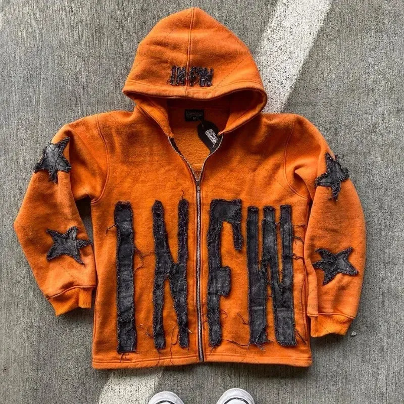 Y2K Retro Street Hoodie Women, Embroidered Crying Face & Star Letters, Oversized Zip Up Hoodies, Harajuku Gothic Hip Hop Rock Grunge, Aesthetic Vintage Casual Streetwear Sweatshirt