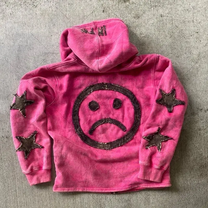 Y2K Retro Street Hoodie Women, Embroidered Crying Face & Star Letters, Oversized Zip Up Hoodies, Harajuku Gothic Hip Hop Rock Grunge, Aesthetic Vintage Casual Streetwear Sweatshirt