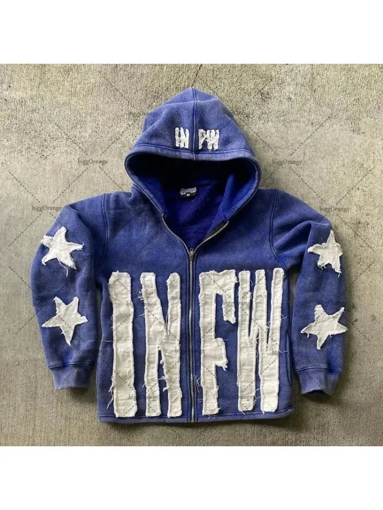 Y2K Retro Street Hoodie Women, Embroidered Crying Face & Star Letters, Oversized Zip Up Hoodies, Harajuku Gothic Hip Hop Rock Grunge, Aesthetic Vintage Casual Streetwear Sweatshirt