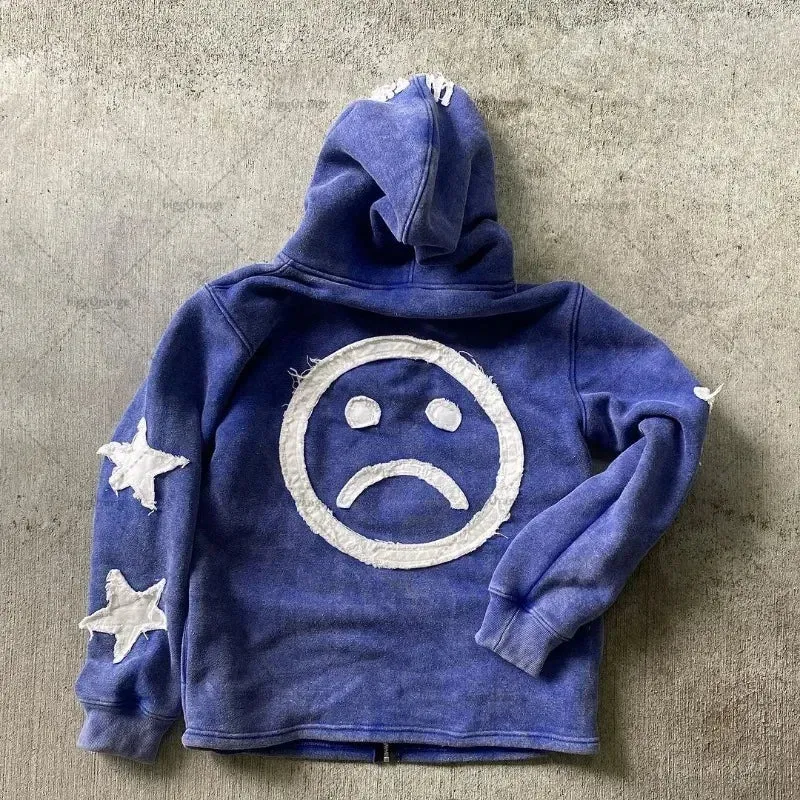 Y2K Retro Street Hoodie Women, Embroidered Crying Face & Star Letters, Oversized Zip Up Hoodies, Harajuku Gothic Hip Hop Rock Grunge, Aesthetic Vintage Casual Streetwear Sweatshirt