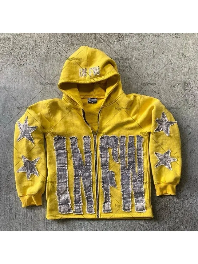 Y2K Retro Street Hoodie Women, Embroidered Crying Face & Star Letters, Oversized Zip Up Hoodies, Harajuku Gothic Hip Hop Rock Grunge, Aesthetic Vintage Casual Streetwear Sweatshirt