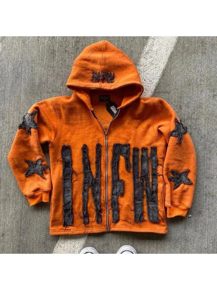 Y2K Retro Street Hoodie Women, Embroidered Crying Face & Star Letters, Oversized Zip Up Hoodies, Harajuku Gothic Hip Hop Rock Grunge, Aesthetic Vintage Casual Streetwear Sweatshirt