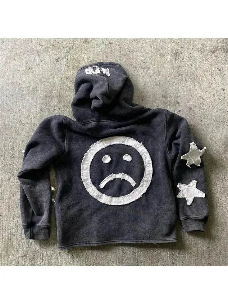 Y2K Retro Street Hoodie Women, Embroidered Crying Face & Star Letters, Oversized Zip Up Hoodies, Harajuku Gothic Hip Hop Rock Grunge, Aesthetic Vintage Casual Streetwear Sweatshirt