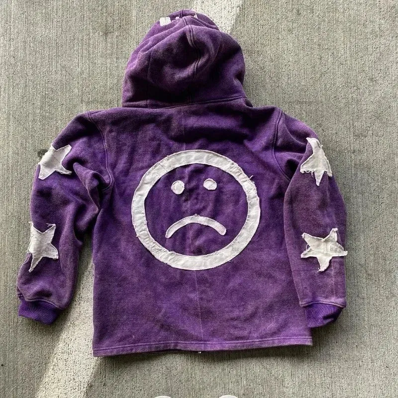 Y2K Retro Street Hoodie Women, Embroidered Crying Face & Star Letters, Oversized Zip Up Hoodies, Harajuku Gothic Hip Hop Rock Grunge, Aesthetic Vintage Casual Streetwear Sweatshirt