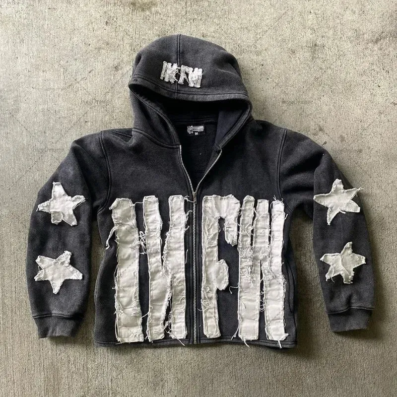 Y2K Retro Street Hoodie Women, Embroidered Crying Face & Star Letters, Oversized Zip Up Hoodies, Harajuku Gothic Hip Hop Rock Grunge, Aesthetic Vintage Casual Streetwear Sweatshirt