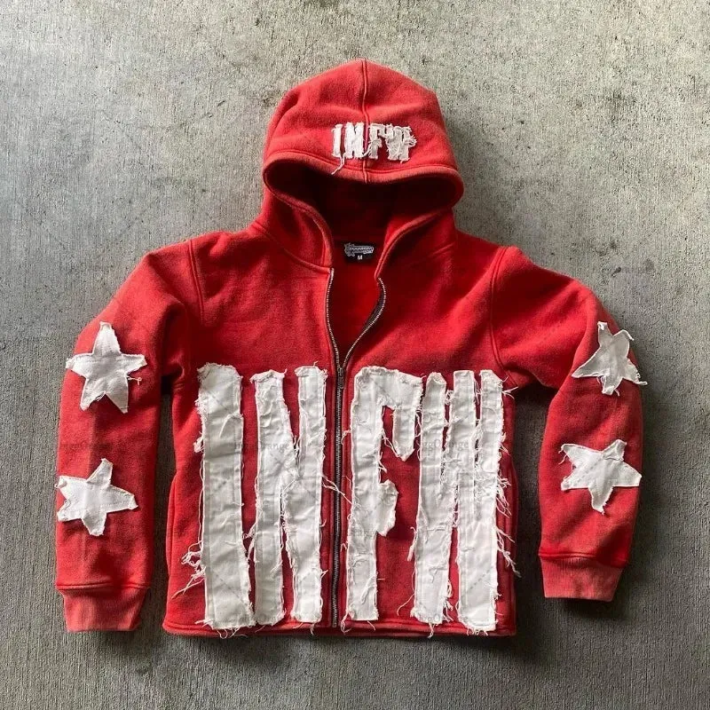 Y2K Retro Street Hoodie Women, Embroidered Crying Face & Star Letters, Oversized Zip Up Hoodies, Harajuku Gothic Hip Hop Rock Grunge, Aesthetic Vintage Casual Streetwear Sweatshirt