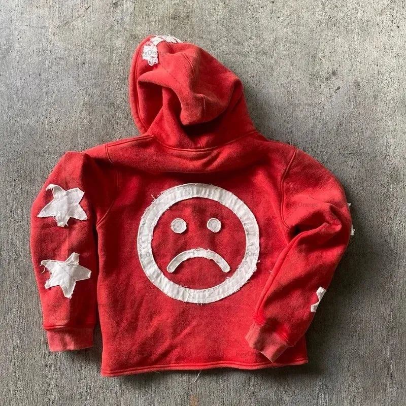 Y2K Retro Street Hoodie Women, Embroidered Crying Face & Star Letters, Oversized Zip Up Hoodies, Harajuku Gothic Hip Hop Rock Grunge, Aesthetic Vintage Casual Streetwear Sweatshirt