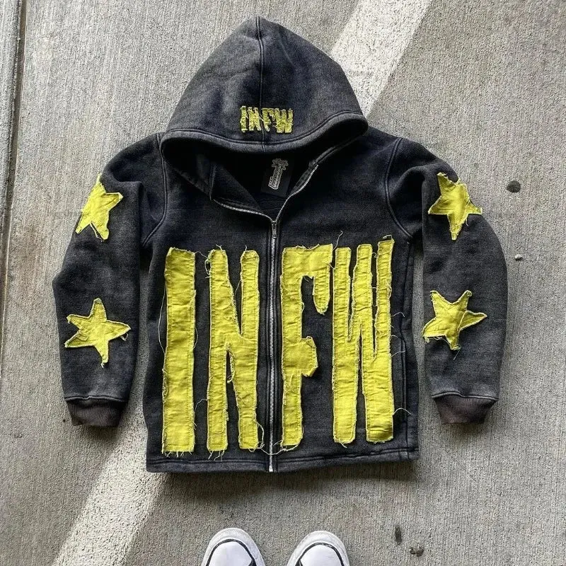 Y2K Retro Street Hoodie Women, Embroidered Crying Face & Star Letters, Oversized Zip Up Hoodies, Harajuku Gothic Hip Hop Rock Grunge, Aesthetic Vintage Casual Streetwear Sweatshirt